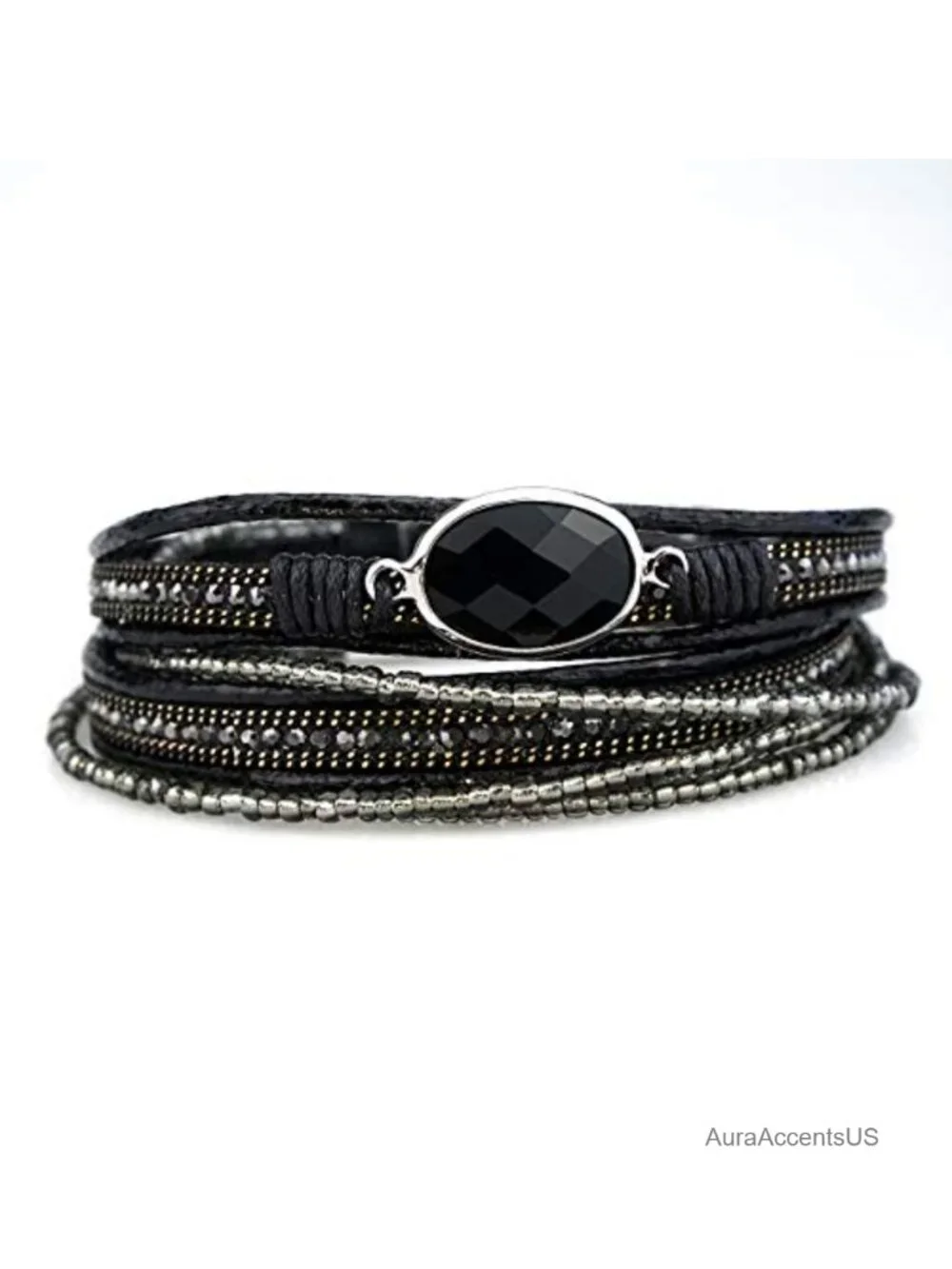 Multilayered Leather Wrap Bracelet with Magnetic Buckle, Braided Bangle Cuff